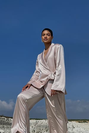 Champagne Draped Tie Front Satin Blazer