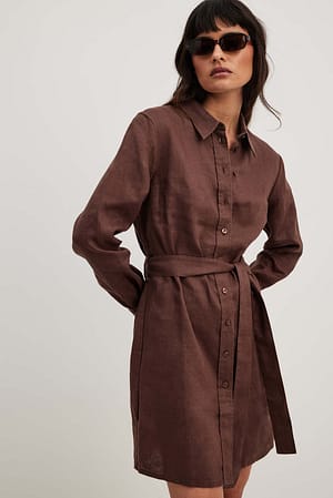 Brown Robe mini en lin à cordon de serrage