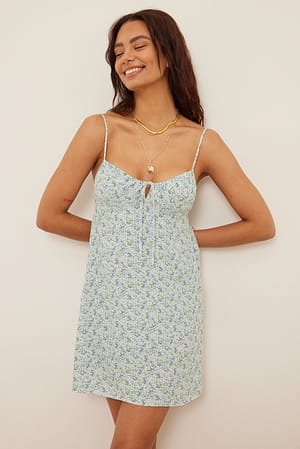 Dusty Blue Floral Print Drawstring Tie Chest Mini Dress