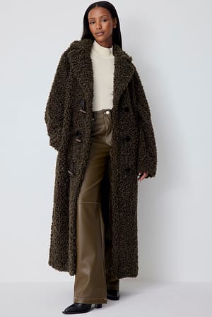 Dark Green Blouson teddy boutonné en lainage feutré