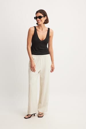Beige/Black Stripe Pantalon en lin mélangé à taille mi-haute élastique