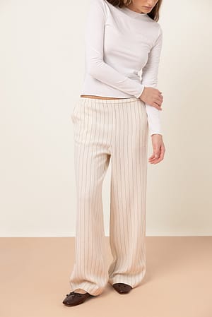 Beige/Black Stripe Pantalon en lin mélangé à taille mi-haute élastique