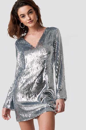 Silver Long Sleeve Sequin Dress