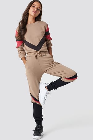 Golden Beige Stripe Blocked Sweatpants