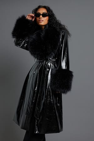 Black Manteau en faux cuir et fausse fourrure