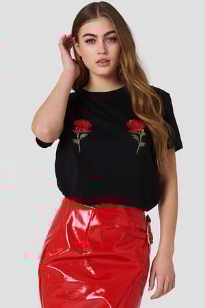 Black NA-KD Flower Embroidery Tee