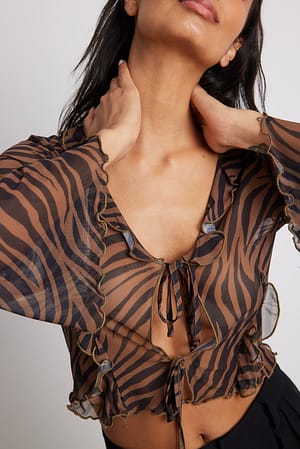 Brown Zebra Print Gilet volanté en tulle à détails noués
