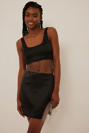 Black Jupe courte frangée avec strass