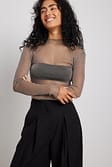 Khaki Glittery High Neck Mesh Top