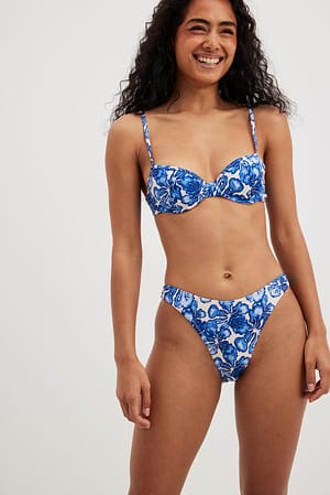 Dark Blue Flower Culotte de bikini taille échancrée