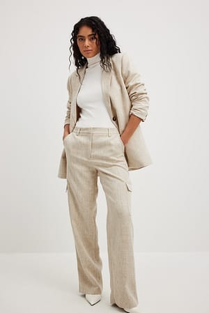 Beige Pantalon cargo en tissu mélangé à taille mi-haute