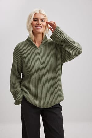 Khaki Pull en tricot à fermeture éclair sur le devant
