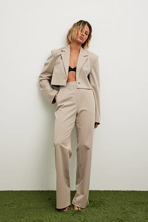 Beige Pantalon de tailleur droit à taille haute et fines rayures