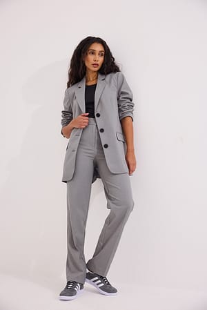 Grey Pantalon de costume droit à taille haute en tissu mélangé