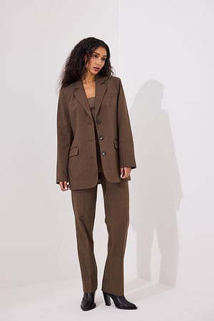 Dark Brown Pantalon de costume droit à taille haute en tissu mélangé
