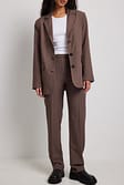 Brown Pantalon de costume droit à taille haute en tissu mélangé
