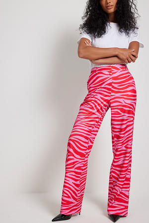 Red/Pink Zebra Pantalon de costume droit taille haute