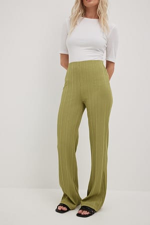 Khaki Pantalon à taille haute et côtes irrégulières
