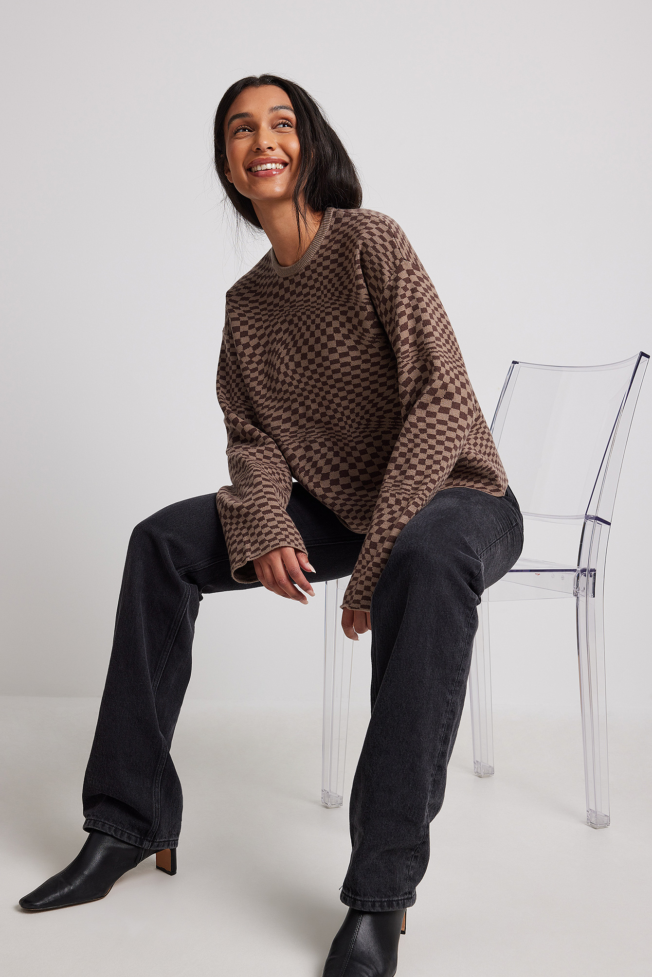 Brown Check Pull en maille jacquard