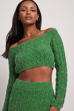 Green Pull court en tricot à épaules dénudées et détails