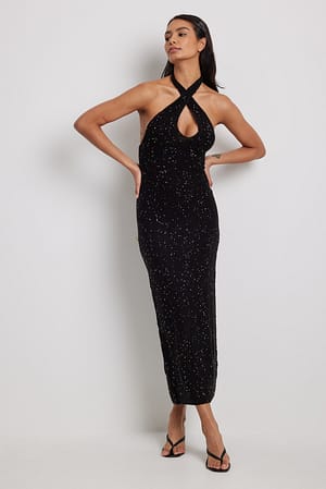 Black Robe longue en maille à dos nu