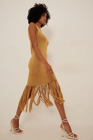 Beige Knitted Midi Fringe Dress
