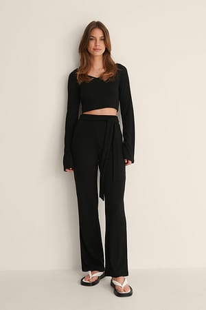 Black Pantalon Côtelé Avec Nœud