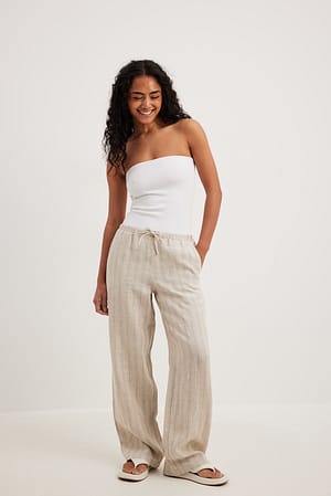 Beige Stripe Pantalon en lin à cordon de serrage