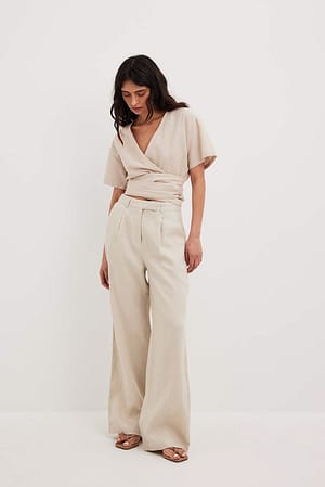 Beige Pantalon large en lin