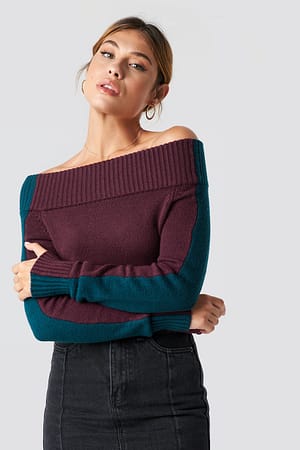 Burgundy/Petrol Color Block Off Shoulder Sweater