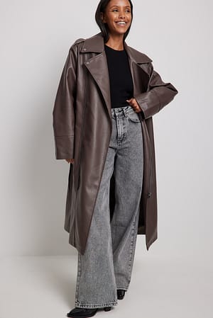 Brown Trench style motard long en similicuir