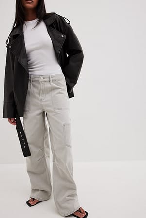 Light Grey Jean cargo ample à taille basse