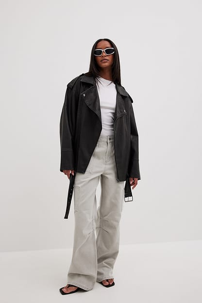 Light Grey Jean cargo ample à taille basse