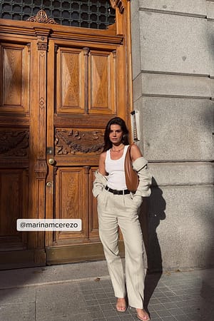 Beige Pantalon de costume taille haute en lin mélangé