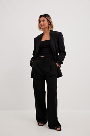 Black Pantalon de tailleur en tissu mélangé à taille haute et plis