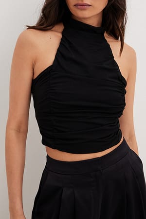 Black Crop top en tulle à col montant