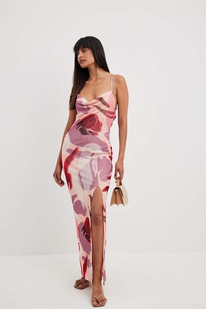 Abstract Print Robe longue en tulle à décolleté cascade