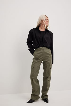 Khaki Pantalon à taille mi-haute et poche cargo