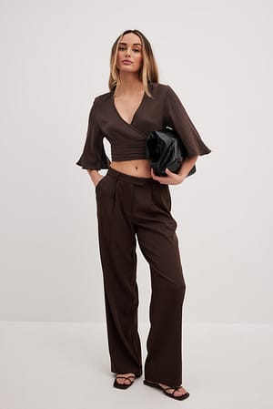 Brown Pantalon de tailleur droit à taille mi-haute