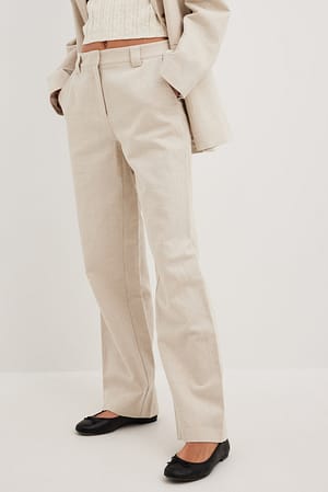 Beige Pantalon de tailleur habillé en lin à taille mi-haute