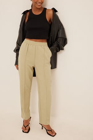 Beige Elastic Waist Seamline Pants
