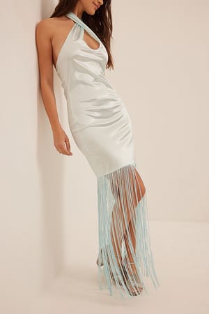 Light Blue Robe dos nu avec franges