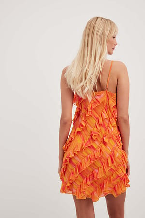 Orange Blurr Print Robe courte à volants sur l'ensemble