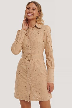 Beige NA-KD Boho Anglaise Collar Mini Dress