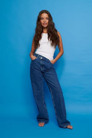 Mid Blue Jean large à fermeture asymétrique