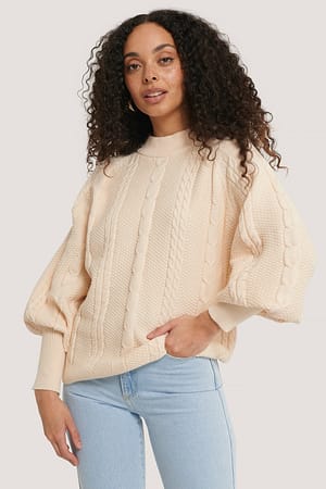 Cream NA-KD Balloon Sleeve Cable Knitted Sweater