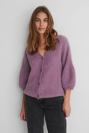 Purple NA-KD Balloon Sleeve Short Knitted Cardigan