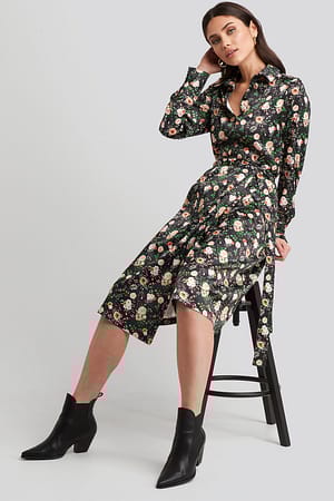 Floral Print Belted Wrap Midi Dress