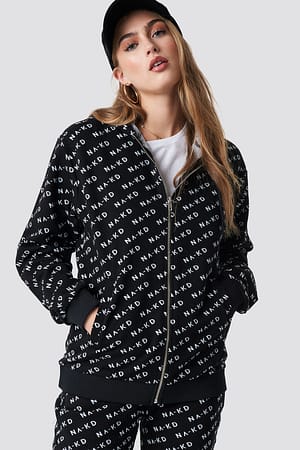 Black Branded Zipper Hoodie