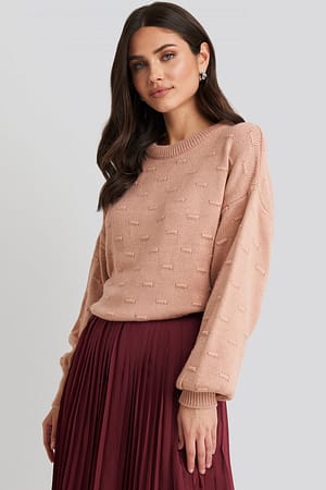 Dusty Pink Bubble Stitch Balloon Sleeve Knitted Sweater